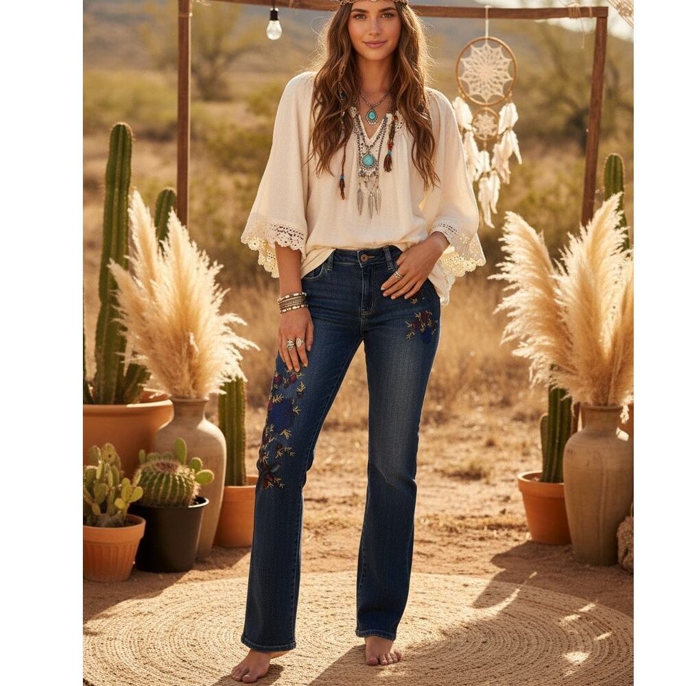 Sundance Magnolia Embroidered Floral Straight Leg Jeans Size 27